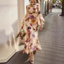 Vestido largo de verano con volantes de gasa estampada elegante y ajustado de manga larga para mujer estilo vacaciones moda nueva - amarillo ganso - Ver 9