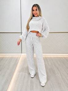 Women's Stylish Cropped Mousse Knit Set With High Neck And Ribbed Wide-Leg Pants - Exclusive - Blend - View 1