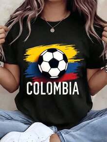 1 pieza clásica y versátil, camiseta de manga corta de algodón puro con estampado de fútbol femenino y bandera de Colombia, ideal para usar en todas las estaciones. Estilo moderno. - Negro - Ver 1