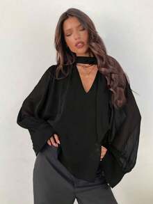 Blusa elegante de gasa con cuello en V profundo y mangas largas con lazo para mujer - Negro - Ver 5