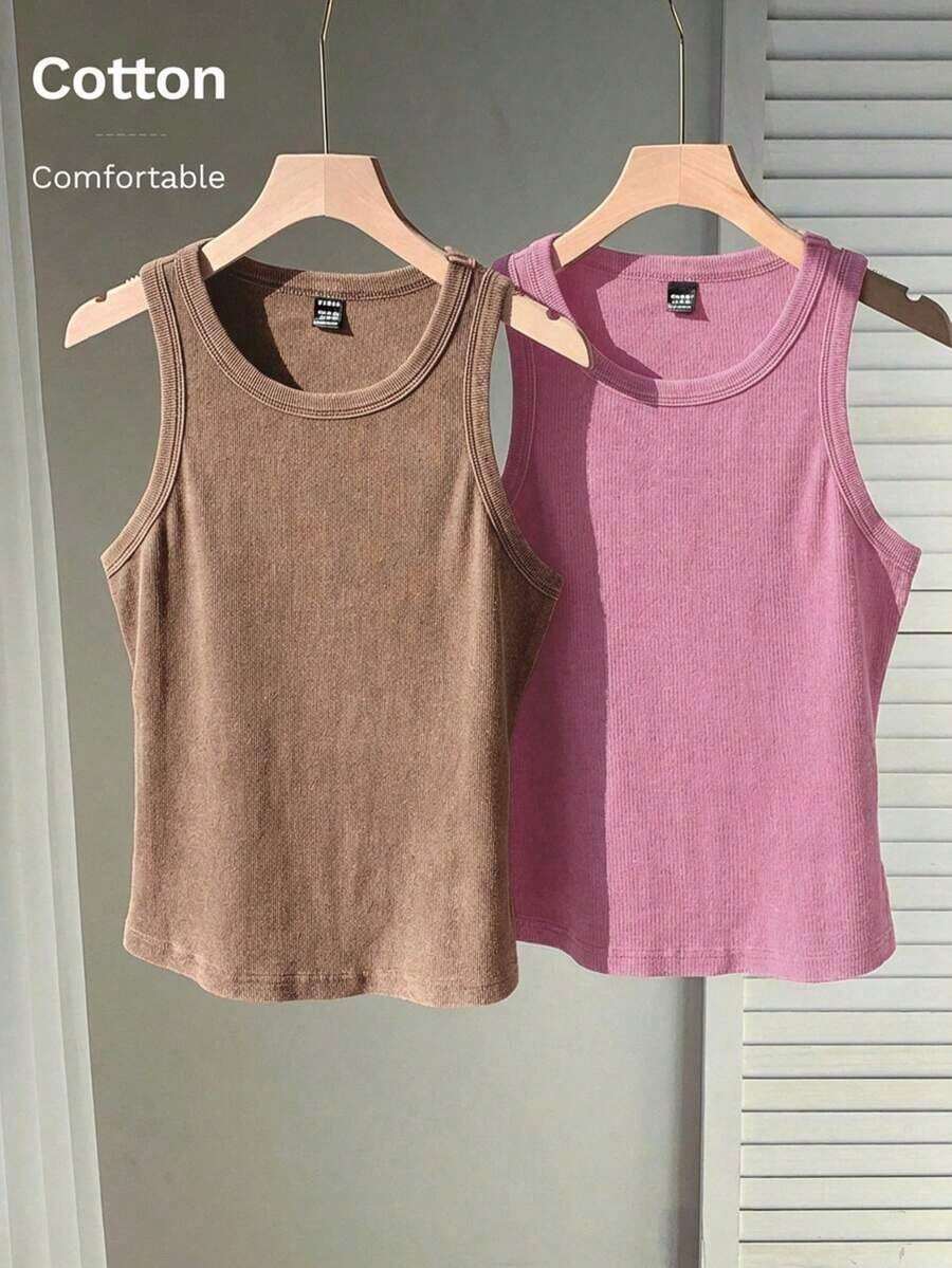 Conjunto de 2 piezas de suéter sin mangas de mujer de algodón con efecto desgastado y teñido ácido en dos tonos vintage - Rosa Fucsia - Ver 1