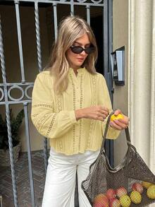de mujer de unicolor con cuello alto, botones delanteros, bordado hueco y manga larga - Amarillo claro - Ver 6
