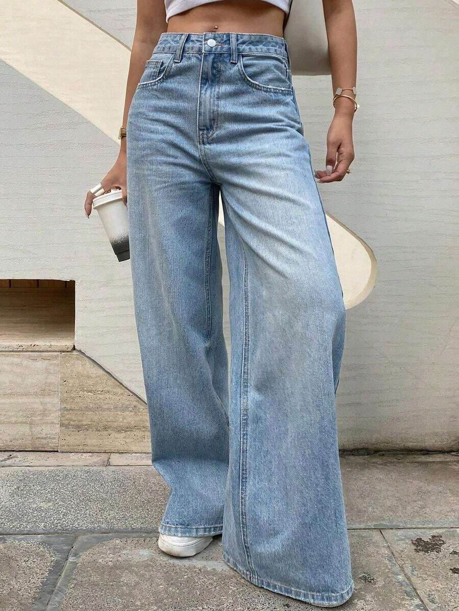 Pantalones vaqueros casuales de ajuste holgado con bolsillo en unicolor para mujer - Lavado ligero - Ver 1