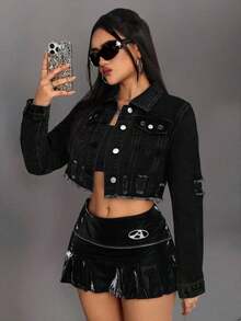 ICON Chaqueta corta de jean, casual y de moda para el uso diario - Negro - Ver 3