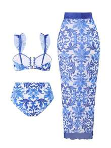 Swim Oasis Set de 3 piezas de bikini y atuendo de playa para mujer con diseño floral y acabado en metal, decoración con estampado azul y blanco de vacaciones de verano - Multicolor - Ver 2