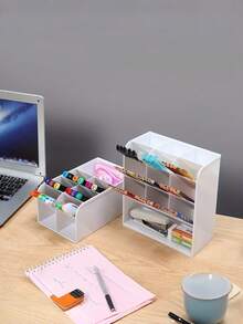 1pc Slanted Pen Holder Desk Organizer Box, Multi-Compartment Large Capacity Stationery & Cosmetic Storage - Multicolor - View 4