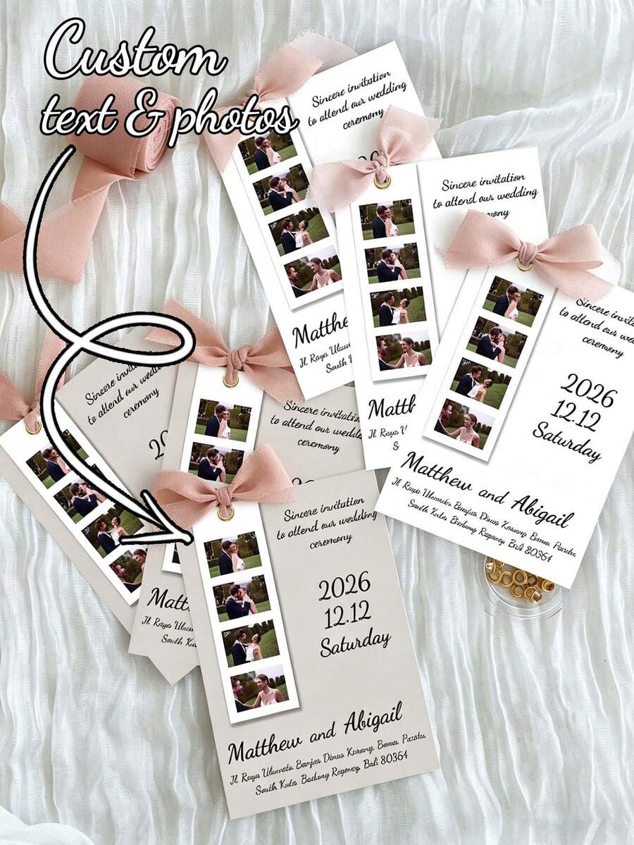 Customized Wedding Invitation Card, Personalized Text, Photo, Location Info, Bookmark Photo With Invitation, Metal Ring Binding, Ribbon Decor, Wedding Invitation - Sets - View 1