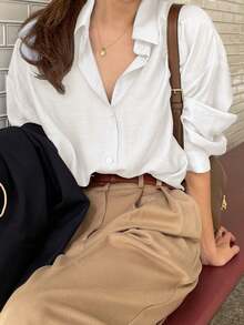 Camisa con botones y hombros caídos, blusas de manga larga, ropa de otoño - Blanco - Ver 2