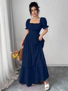 Vestido de mujer con cuello cuadrado, mangas abullonadas, nudo delantero, espalda descubierta y cintura ceñida - Azul marino - Ver 6