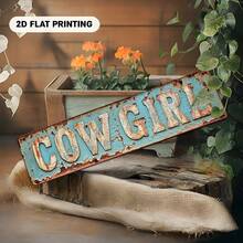 Vintage Decorative Art Style "Cowgirl" 2D Flat Sign - Distressed Turquoise & White Dual-Tone Metal Wall Decor, 40.01 X 10.01 Cm, Pre-Drilled Holes For Easy Hanging - Suitable For Bars, Restaurants, Porches, Gardens, Western-Themed Spaces, Cowboy Decor, 2D Flat Design, Perfect For Interior Decoration, 2D Flat Effect - A - View 3