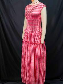 Conjunto top a cuadros cintura ajustada falda midi verano 2026 - Traje de cuadros rojos - Ver 7
