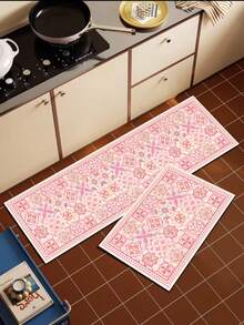 1 pezzo Tappetino da cucina in terra di diatomee rosa vintage con motivo floreale, patchwork a griglia rosa morbido, 3,5 mm tagliabile, assorbente e antiscivolo, tappetino decorativo per cucina, bagno, ingresso, soggiorno, corridoio, zerbino antiscivolo - Multicolore - Visualizzare 2