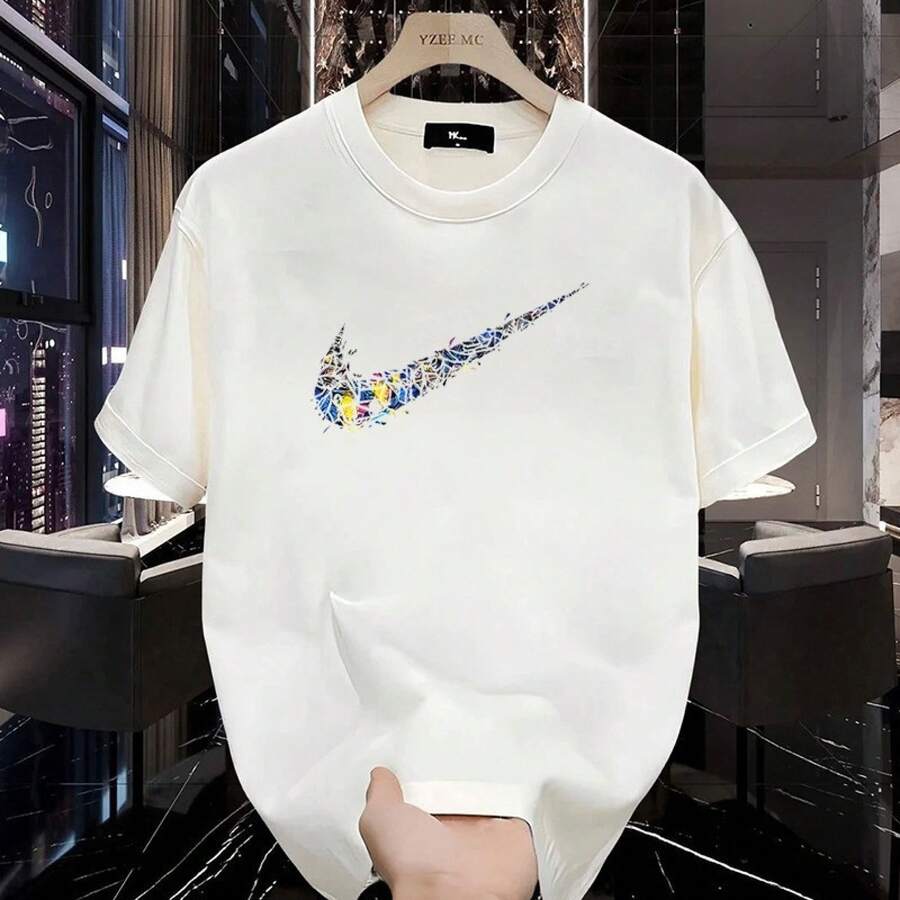 Men's Heavyweight Pure Cotton Short-Sleeve T-Shirt, Summer Fashion 2025, Printed, Loose-Fitting And Versatile, Men's Clothing. AWBS - 9 - 查看 1