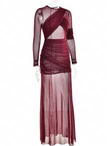 Vestido largo malla transparente manga larga plisado, corte ajustado estilo chic sensual moda - Burdeos - Ver 8