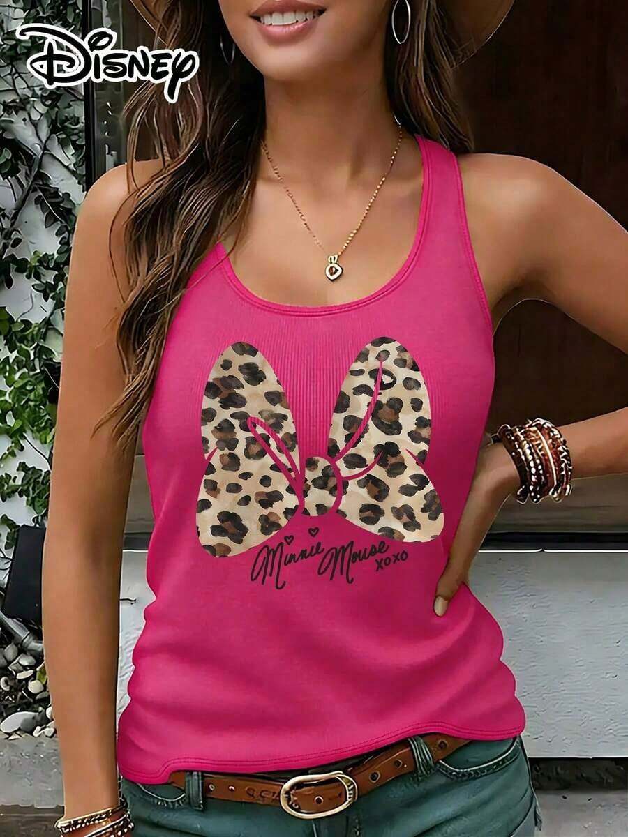 Disney Official Authorization | Women's Casual Crew Neck Sleeveless Tank Top. Centered On Minnie's Iconic Bow, It Features A Sweet And Cool Y2K Retro Design. The Pattern Is Covered With Leopard Print Elements On The Bow, Paired With The Handwritten "Minnie Mouse Xoxo", Perfectly Blending Retro Wildness And Girly Sweetness. The Loose Fit Flatters All Body Types, Offering Both Versatility And Practicality. It Is Suitable For Daily Outings And Is Also An Ideal Choice For Matching Outfits With Girlfriends On Trips. - Hồng nhạt - Xem 1