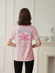 Women's Short-Sleeved T-Shirt With A Round Neck And Palm Print, A Casual And Modern Style, Your Everyday Essential. Printed T-Shirt, Women's Tops, Summer Vacation - 粉紅色 2 - 查看 12