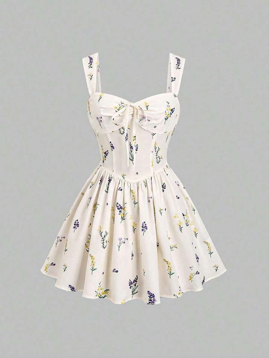 Vestido mini de línea A con tirantes anchos, plisado y decoración de lazo, adecuado para ir al trabajo, vacaciones y la playa, para mujer, nueva colección primavera/verano - Multicolor - Ver 1