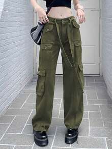 Pantalones cargo de pierna recta de talle medio sin elasticidad, múltiples bolsillos utilitarios y cinturón con cordón, estilo casual streetwear - Verde - Ver 4