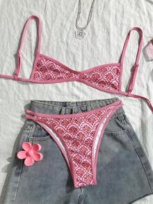Swim Mod Traje de baño de verano con estampado floral para mujer, con tirantes finos, bikini sexy, vacaciones, ajustado, casual, lindo y juguetón, de dos piezas - Rosa - Ver 6