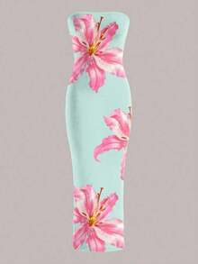Vestido midi ajustado bandeau con estampado floral, estilo de vacaciones en la playa para mujer - Multicolor 3 - Ver 4