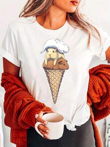 Camiseta de Moda con Estampado de Helado de Cobaya, Manga Corta y Cuello Redondo, Top Casual para Verano y Primavera, Ropa de Mujer - [Blanco] - Ver 1