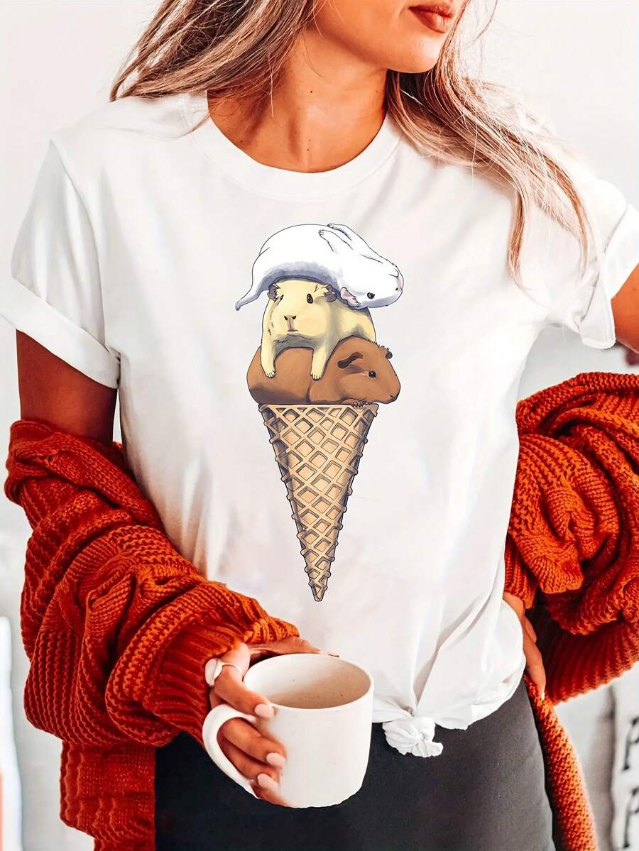 Camiseta de Moda con Estampado de Helado de Cobaya, Manga Corta y Cuello Redondo, Top Casual para Verano y Primavera, Ropa de Mujer - [Blanco] - Ver 1
