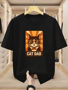 Camiseta para hombre de talla grande 100% algodn con gr£fico de "Cat Dad", cuello redondo y manga corta, camiseta estampada con gato usando gafas de moda y pajarita, camiseta cmoda y casual de manga corta para verano, TALLA GRANDE - Negro - Ver 2