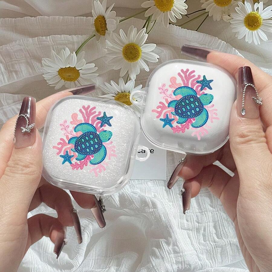 1个（仅耳机盒，不含配件），兼容Galaxy Buds Pro / Galaxy Buds 2 Pro / Galaxy Buds Live / Galaxy Buds FE / Galaxy Buds 4，时尚百搭透明软耳机盒，UV印刷沙滩海龟和海洋元素图案，无线耳机2Pro透明简约保护套 - 無色 - 查看 1