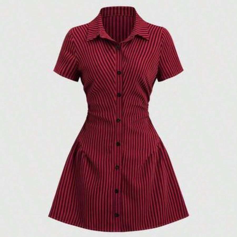 Sweetro Sweet & Fresh Pink Short Sleeve Shirt Dress, Waist Cinched Slimming Stylish Blouse Dress For Summer - Burdeos - Ver 1