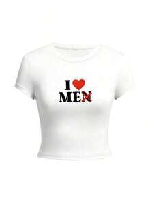 Women's White Crop Top With Round Neck, Short Sleeves, Heart And Letter Print In A Youthful Style, A Very Cute Fitted Cut For Summer, A Super  Casual Look, Perfect For Everyday Wear And Going Out With Friends BG9G - 白色 - 查看 6
