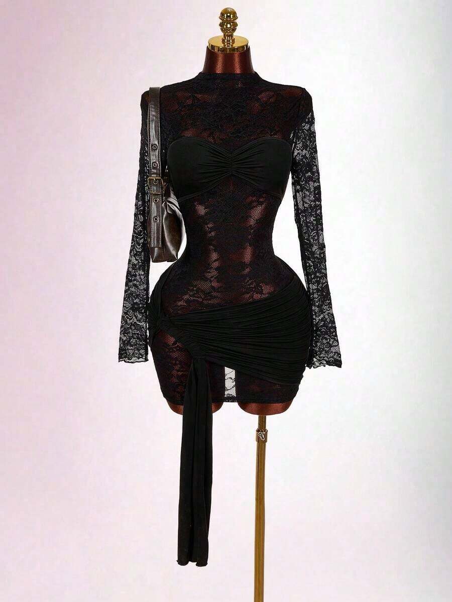 Blusa de encaje para mujer con vestido mini ajustado de tul rojo vintage con cordón en el bajo, estilo bohemio para fiesta - Negro - Ver 1