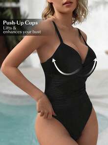Swim Chiccia Traje de baño de una sola pieza para mujeres con pliegues unicolor y correa para la playa de verano - Negro - Ver 3