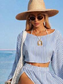 Swim Vcay Conjunto de dos piezas de cubrecuerpo casual de manga larga y abertura para la playa para mujer, color blanco - Azul - Ver 5