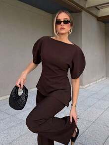 HH Blusa con mangas de pétalo y cintura ceñida, Vestido de fiesta de unicolor de manga corta y cuello redondo ajustado, Ropa de mujer asimétrica de verano - Óxido marrón - Ver 7