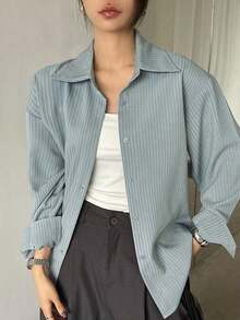 Camisa casual/escolar holgada a rayas para mujer, top de manga larga de estilo preppy para mujer, ropa de otoño - Niebla azul - Ver 1