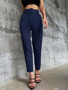 Pantalones entallados con cinturón - Azul marino - Ver 3
