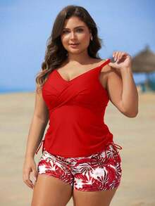 Swim Lushoire Traje de baño tipo tankini con estampado, estilo vacacional para tallas grandes - Rojo - Ver 1