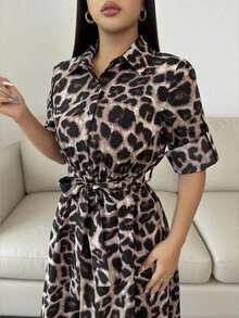 Vestido camisero de mujer con estampado de leopardo y flores, con lazo, abertura, manga larga convertible a manga corta - Negro - Ver 5