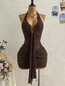 Vestido mini casual de vacaciones para mujer con escote en V profundo, cuello halter con lazo, y drapeado.Adecuado para la playa, cruceros y festivales de música en verano - Café integral - Ver 8