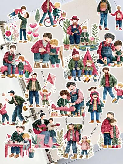 17pcs/Set Watercolor Father And Daughter/Son Cute Stickers, Suitable For Laptop, Refrigerator, Luggage, Car, Skateboard, Photo Album, Motorcycle, Water Bottle, Scrapbook, DIY Box, Packaging Labels, Party Decorations, Etc.