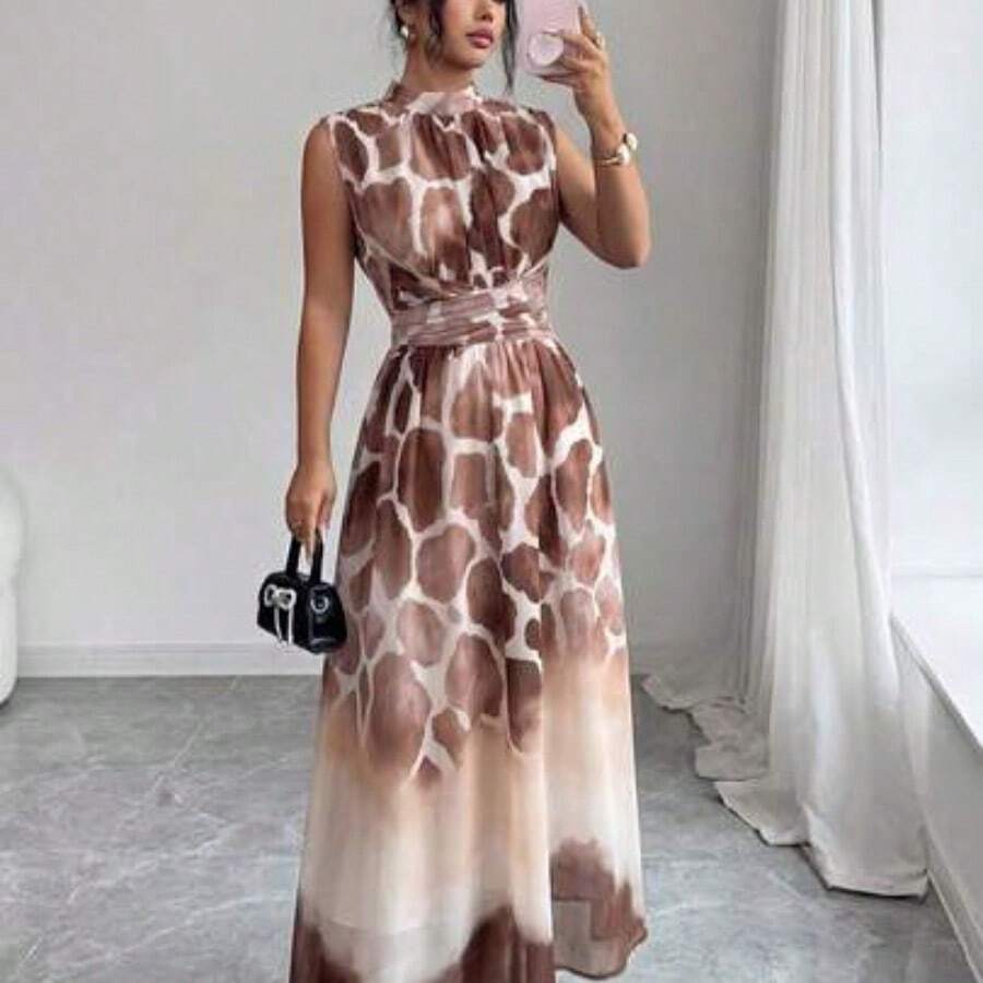 Elenzya Women's Spring/Summer French Romantic Sicily Elegant Casual Commute Vacation Afternoon Tea Party Solid Color Chiffon Stand Collar Loose Criss-Cross Tie Waist A-Line Bow Tie Sleeveless Lined Maxi Dress - Marrón - Ver 1