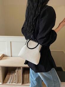 春夏新款复古时尚PU材质手提包，可拆卸女士单肩包，带纽扣钱包，简约编织米色斜挎包 - 米色 - 查看 3