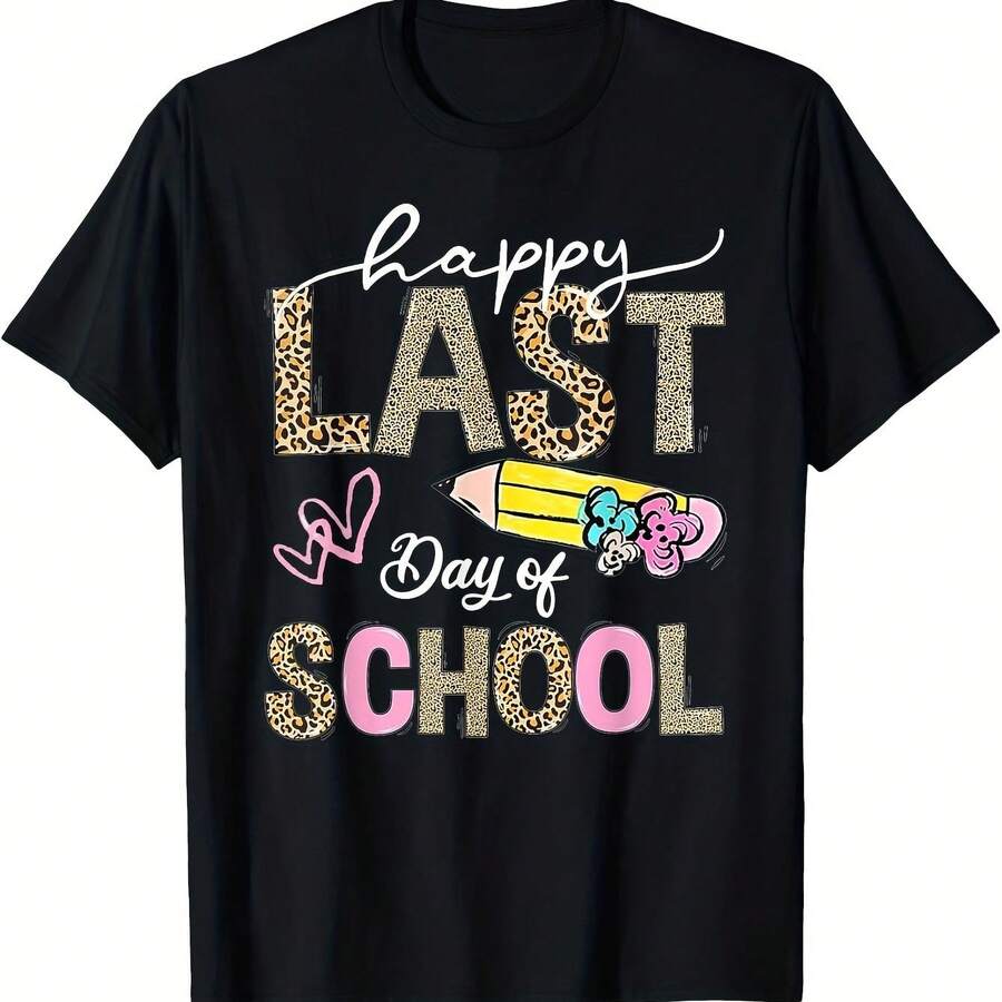 Camiseta de mujer de manga corta con cuello redondo y estampado de leopardo, estilo casual, con estampado de leopardo y diseño de "Feliz último día de clases".