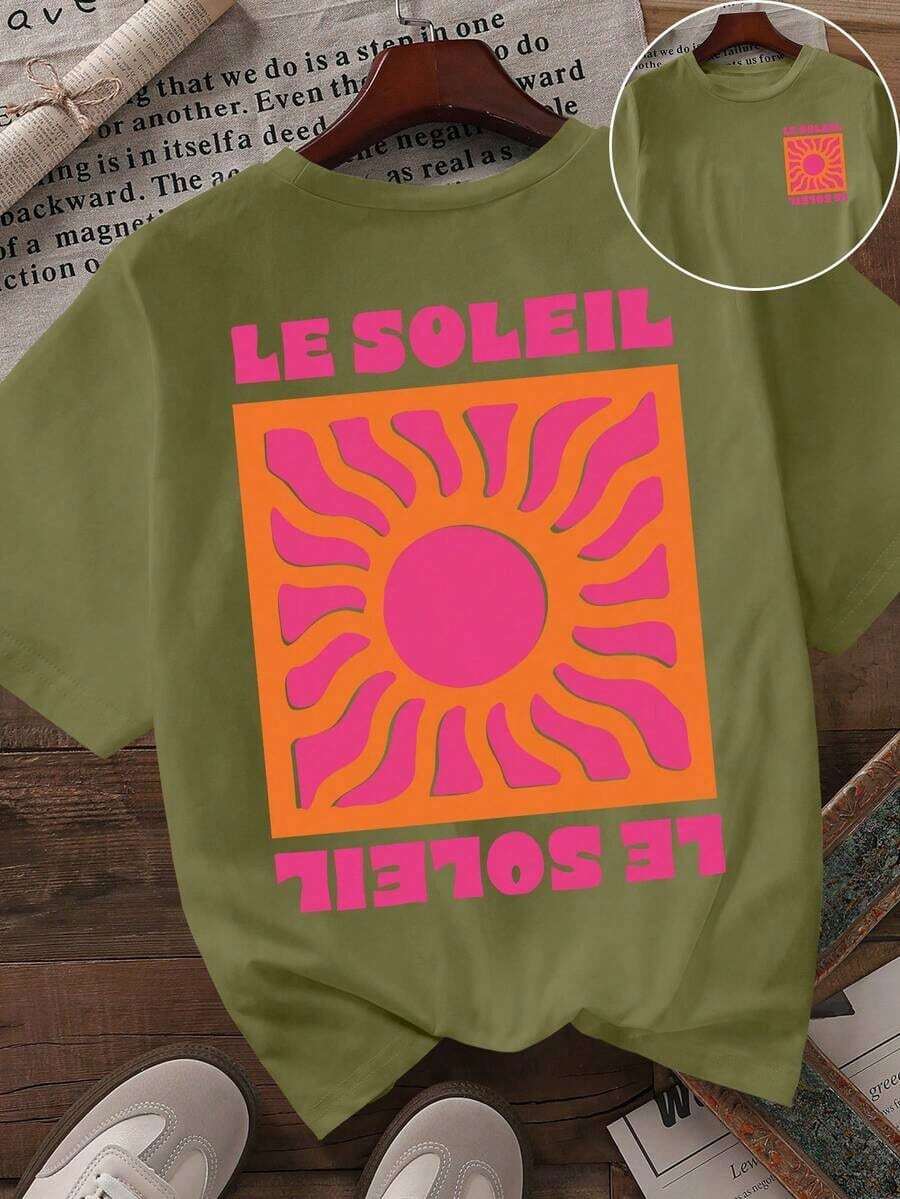 Camiseta de manga corta con cuello redondo para mujer, estampado de leopardo con diseño gráfico de sol en inglés, adecuada para primavera y verano, opción premium para vacaciones y viajes, tela cómoda y transpirable, diseño exquisito y a la moda. - Verde 4 - Ver 1