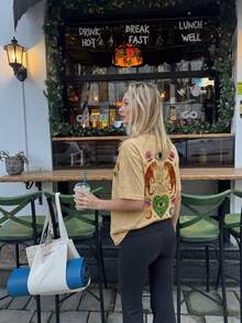 Camiseta de manga corta con cuello redondo, estampado de letras y tigre, casual para mujer, primavera/verano - Caqui - Ver 4