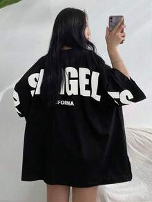 Camiseta de mujer de verano de cuello redondo, manga caída, holgada y casual con estampado de letras, camiseta sobredimensionada, camisetas gráficas de estilo preppy - Negro 2 - Ver 3