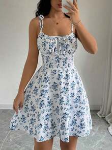 Vestido corto con tirantes finos, espalda anudada, estampado floral y pliegues para mujer - Azul y blanco - Ver 4