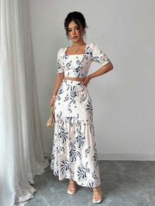 Conjunto de 2 piezas con blusa de manga corta con diseño de puño y estampado floral + falda con abertura en el bajo, elegante para vacaciones y uso diario - Multicolor - Ver 3