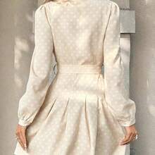 PariChic Women's Elegant Coffee-Colored Long-Sleeved Dress With A Romantic All-Over Rose Print, Featuring A Bow Belt, Front Buttons, And A Stylish Design Suitable For Autumn/Winter, Spring/Summer, Vacations, Valentine's Day Dates, Birthdays, A-Line Silhouettes, And Cute, Romantic Puff-Sleeved Short Dress - Rosa - Ver 11