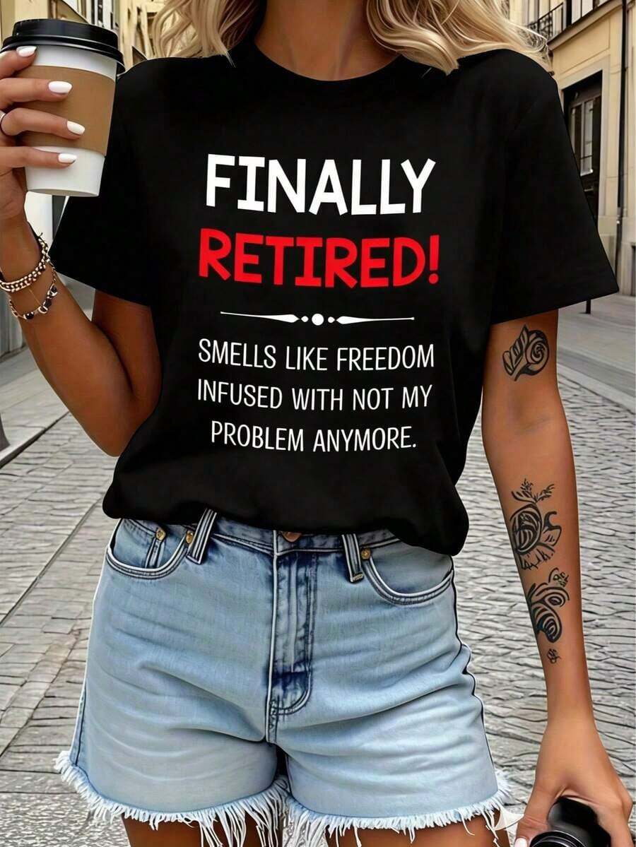 tops de mujergraphic teesCHICLY19 Camiseta Gráfica de Retiro, Camiseta Casual de Manga Corta con Cuello Redondo para Mujer, Estampado Divertido con Frases de Retiro, Camiseta Holgada 100% Algodón, Tops de Verano para Mujer, Perfecta para Regalo de Retiro, Fiesta de Retiro, Uso Diario, Vacaciones, tops de verano de algodón, playeras de mujer algodón - Negro - Ver 1